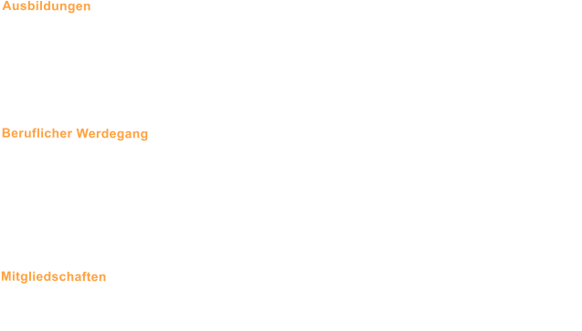 Ausbildungen  Studium der Psychologie an der Universitt Wien  Postgraduelle Ausbildung zur Klinischen- und Gesundheitspsychologin Universittslehrgang Psychotherapeutisches Propdeutikum Ausbildung zur Psychotherapeutin (Verhaltenstherapie) bei der sterreichischen Gesellschaft fr Verhaltenstherapie Fortbildungen in Traumatherapie/EMDR beim Zentrum fr angewandte Psychotraumatologie  Beruflicher Werdegang 1998 - 2008	Anton-Proksch-Institut - Ttigkeit im stationren Bereich Seit 2002	Psychotherapeutin in freier Praxis Seit 2003	Lehrttigkeit bei der Volkshilfe Wien Seit 2008	Anton-Proksch-Institut - Suchtberatung Baden: Ambulante psychologische und 					psychotherapeutische Behandlung von Menschen mit einer Suchtproblematik 					sowie deren Angehrige, psychosoziale Leitung der Beratungsstelle Mitgliedschaften Berufsverband sterreichischer Psychologen (BP)  Verein fr ambulante Psychotherapie (VAP)